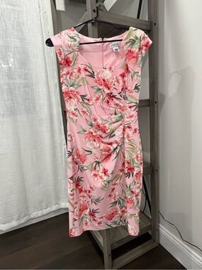 Pink Floral Ruched Sheath Dress with Green Leaf Print/ Cocktail Dress